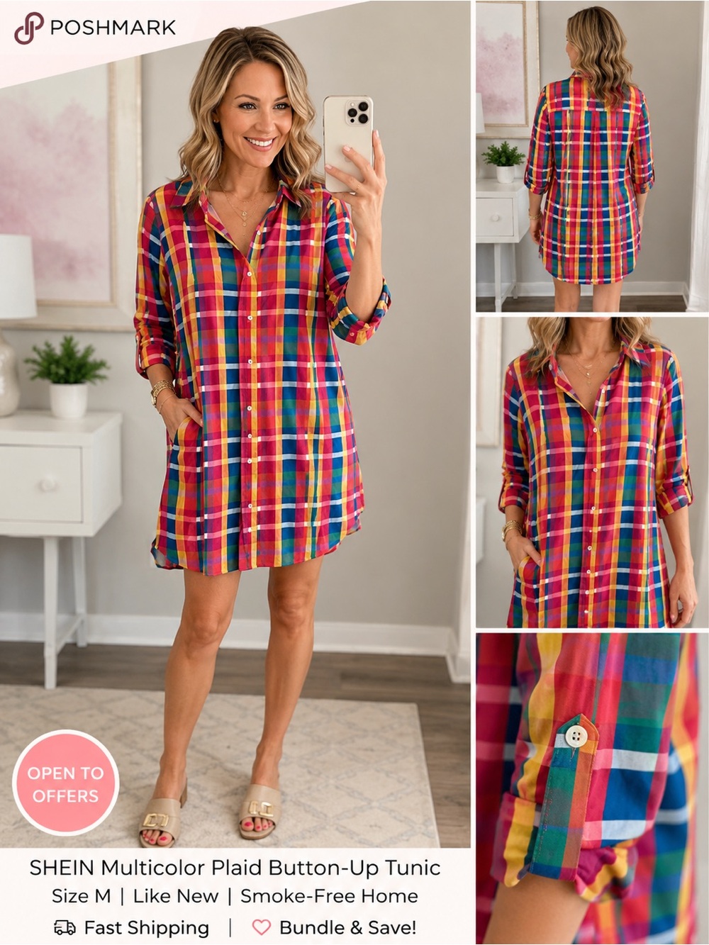 SHEIN Multicolor Plaid Button-Up Tunic